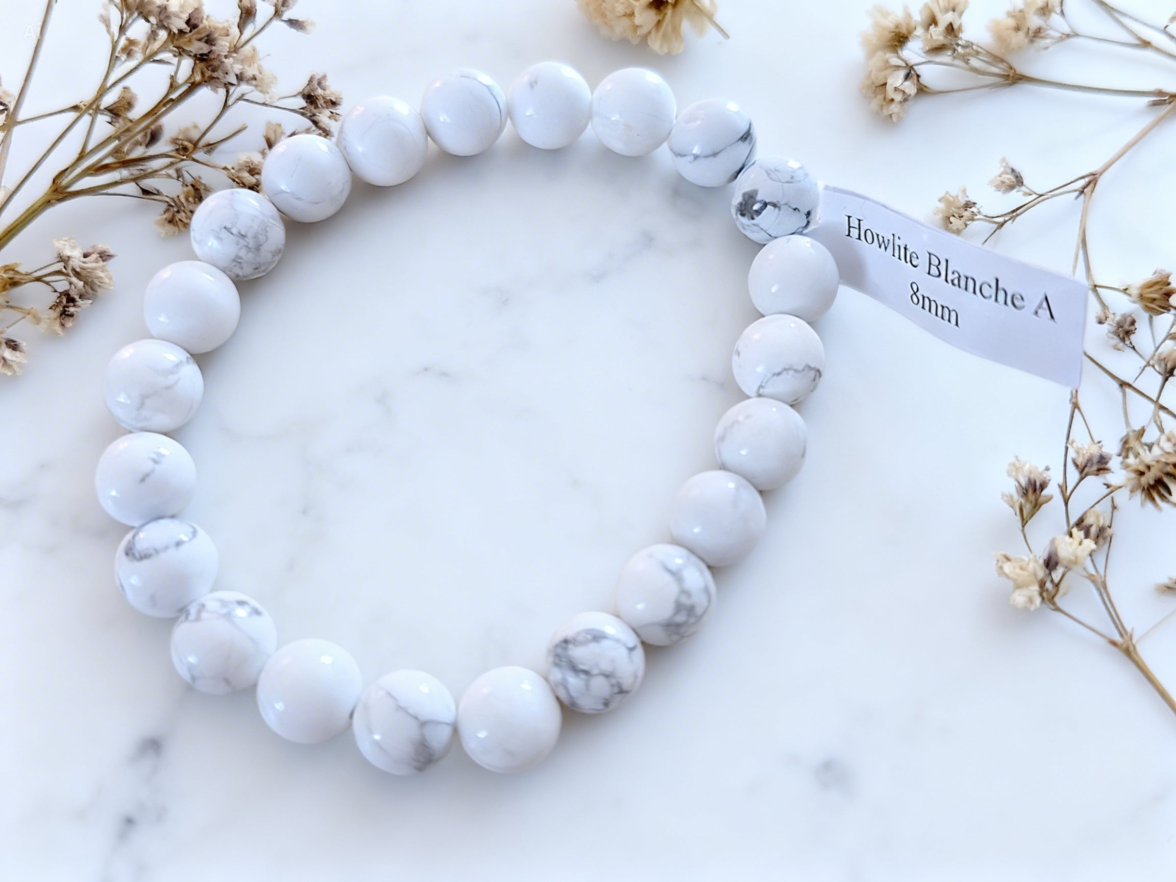 Bracelet 8mm Howlite – Calme mental & Sommeil profond (pierre naturelle)