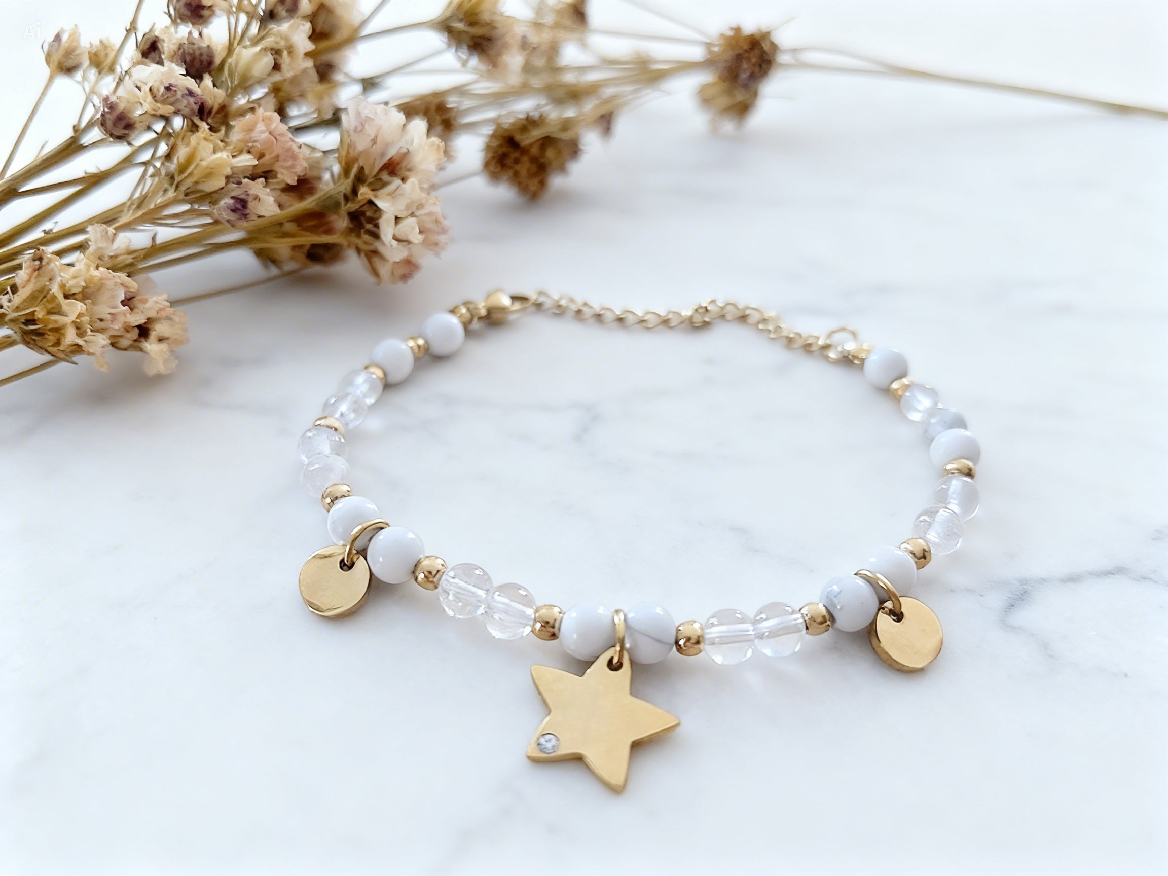 Bracelet Howlite et cristal de roche Apaisement & Clarté mentale (Pierres naturelles)