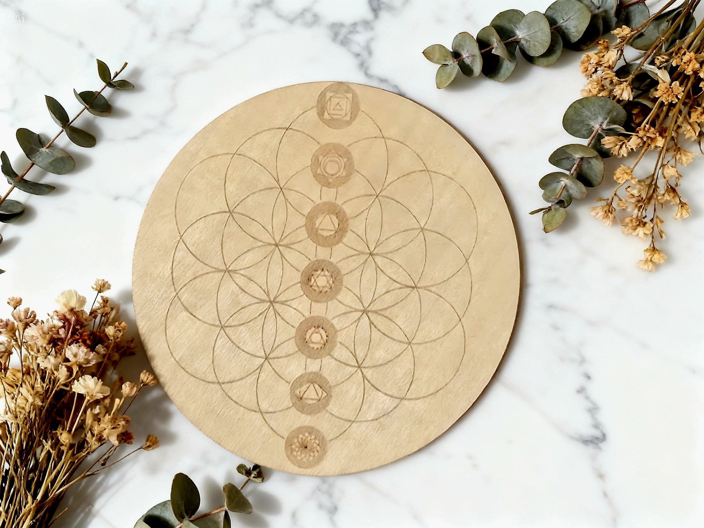 Plaque bois Fleur de Vie & 7 Chakras — recharge de pierres & harmonie énergétique