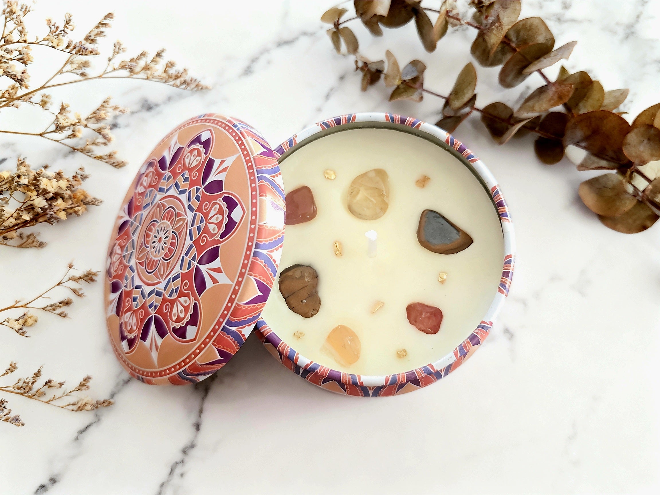 Bougie cire de colza & pierres naturelles