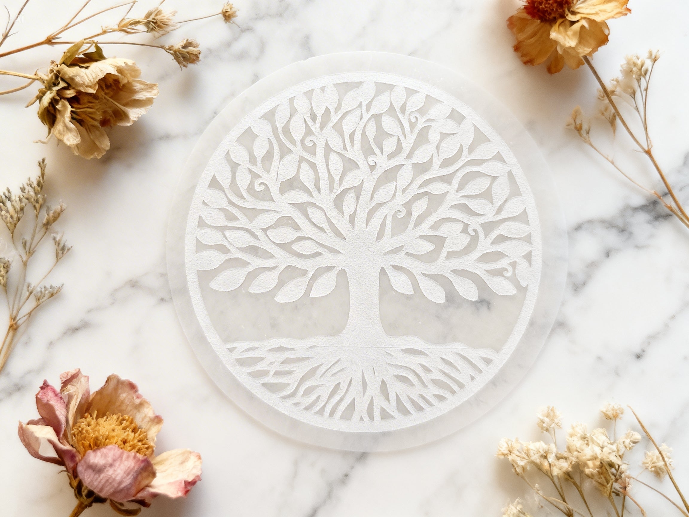 Plaque Sélénite Arbre de Vie Purification & Rechargement des pierres