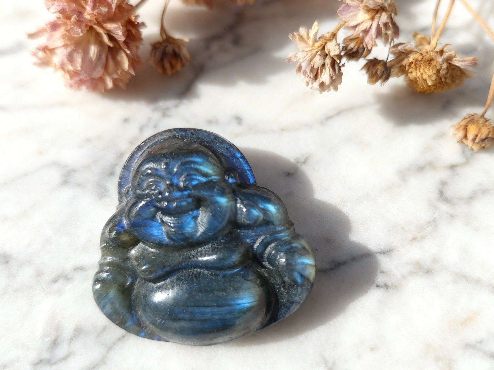 Bouddha 35mm Labradorite – Protection & Énergie positive (pierre naturelle)