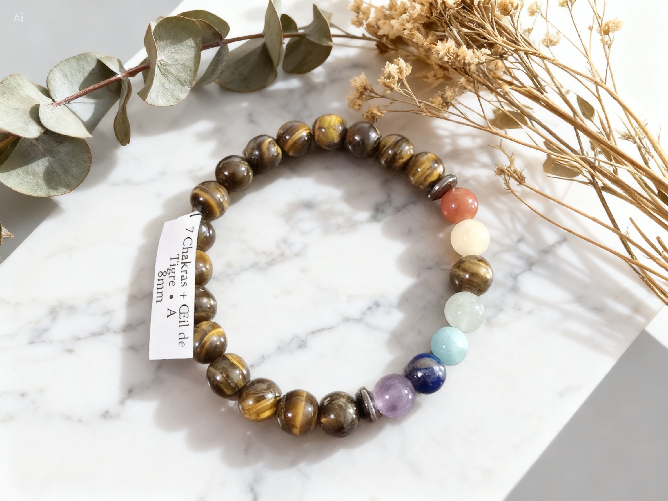 Bracelet 8mm 7 chakras & Oeil de tigre - confiance & force