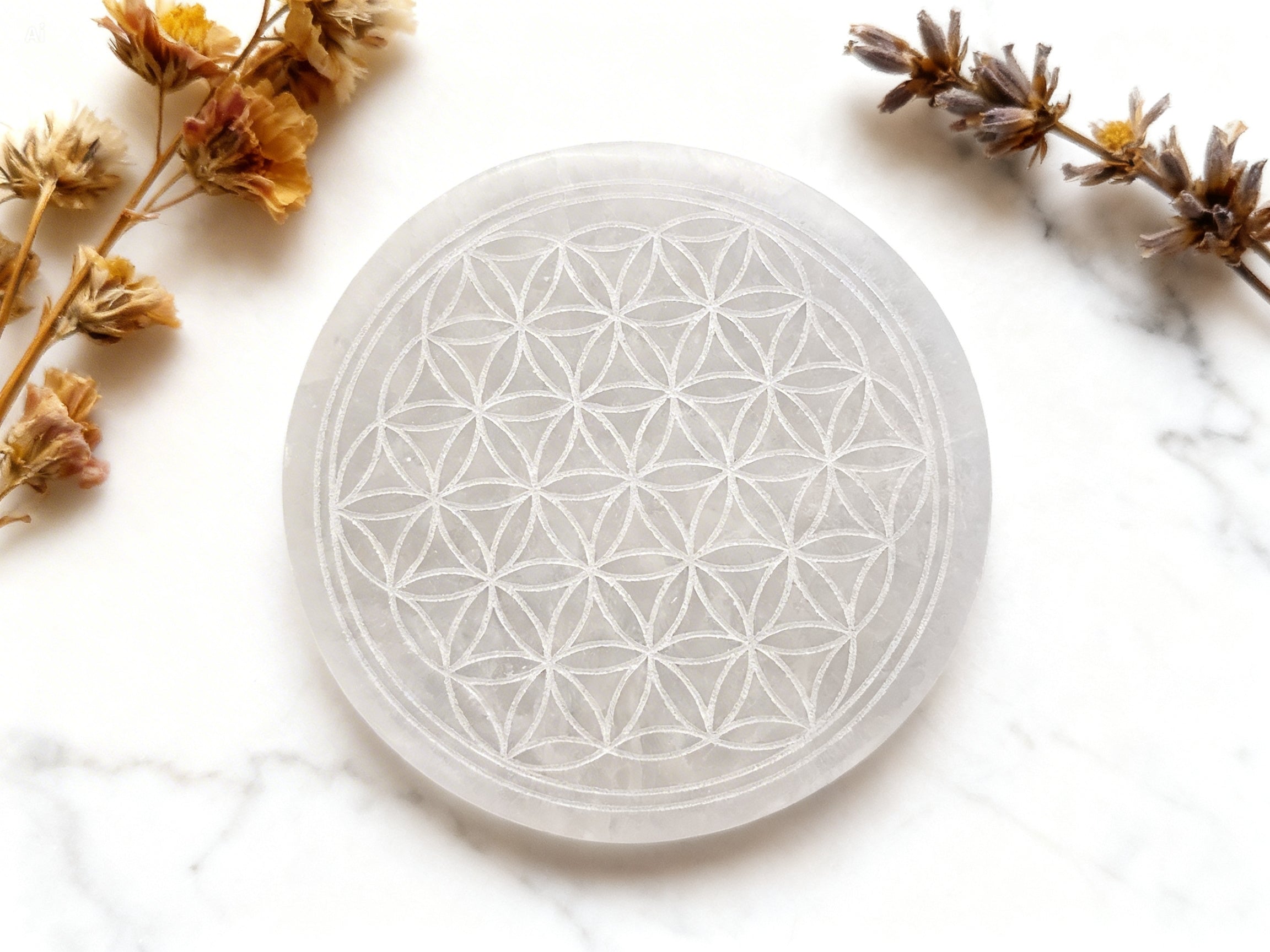 Plaque Sélénite Fleur de Vie Purification & Rechargement des pierres