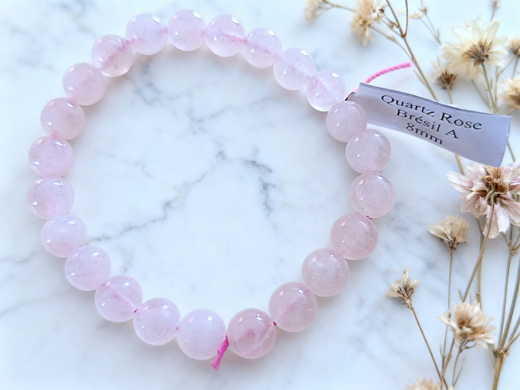 Bracelet 8 mm Quartz Rose Amour & Confiance en soi (Pierre naturelle)