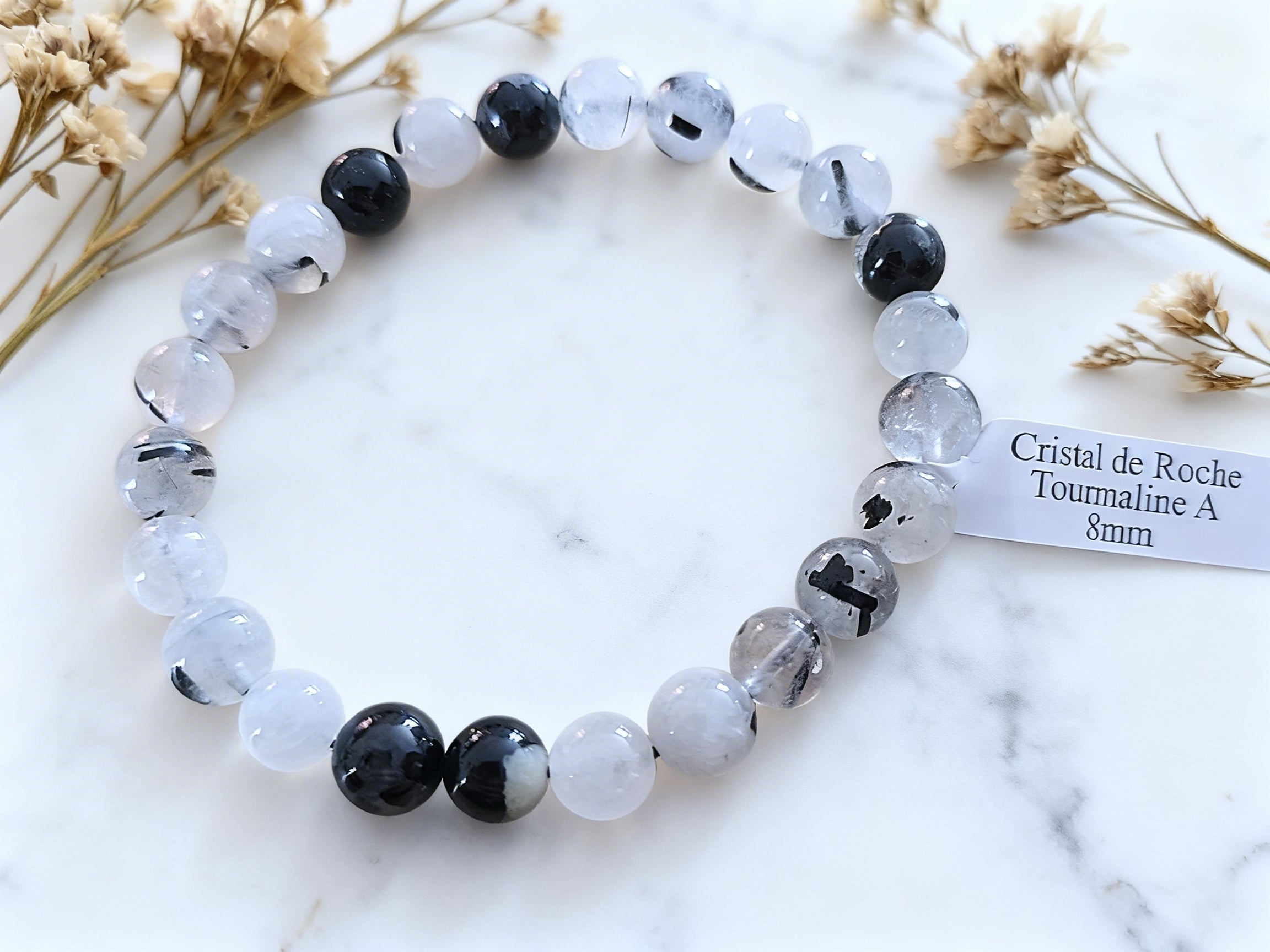 Bracelet Cristal de roche tourmaline 8mm Protection & Purification énergétique